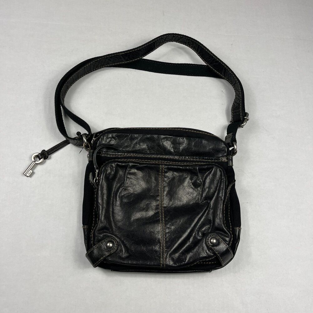 Fossil Leather Crossbody Bag Black Adjustable Utility Travel Shoulder Purse